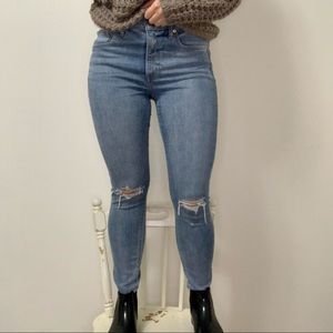 Express Medium Wash Skinny Jeans Blue Jeans Mid Rise Distressed Size 8 Regular